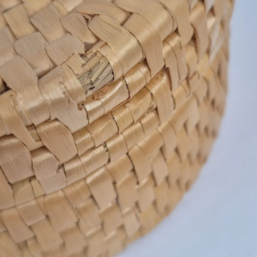 Vintage Wicker Rattan Coaster Set with Lidded Round Basket Case